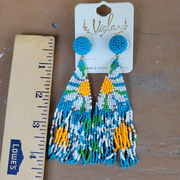 💣LAST 1🌈 Turquoise blue Daisy Flower Seed bead fringe earrings boho hippie - Picture 4 of 7